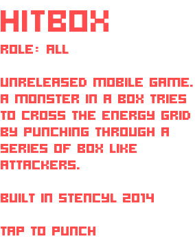 HITBOX ROLE: ALL UNRELEASED MOBILE GAME. A MONSTER IN A BOX TRIES TO CROSS THE ENERGY GRID BY PUNCHING THROUGH A SERIES OF BOX LIKE ATTACKERS. BUILT IN STENCYL 2014 TAP TO PUNCH
